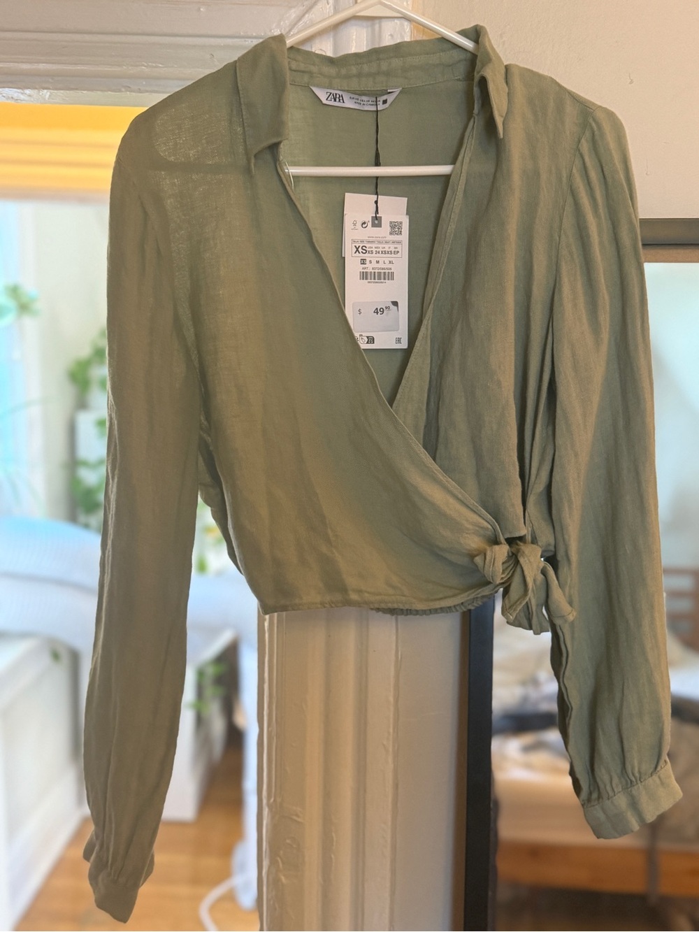 Zara Sage Green Tie-Waist Wrap Blouse
